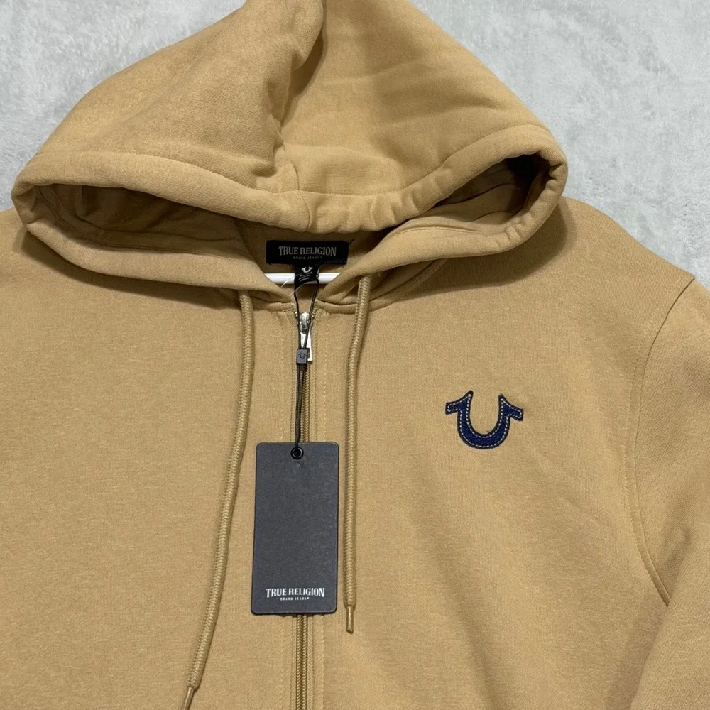 True Religion True Emb Zip Hoodie Men XL Travertine Tan Logo Graphic Sweatshirt
